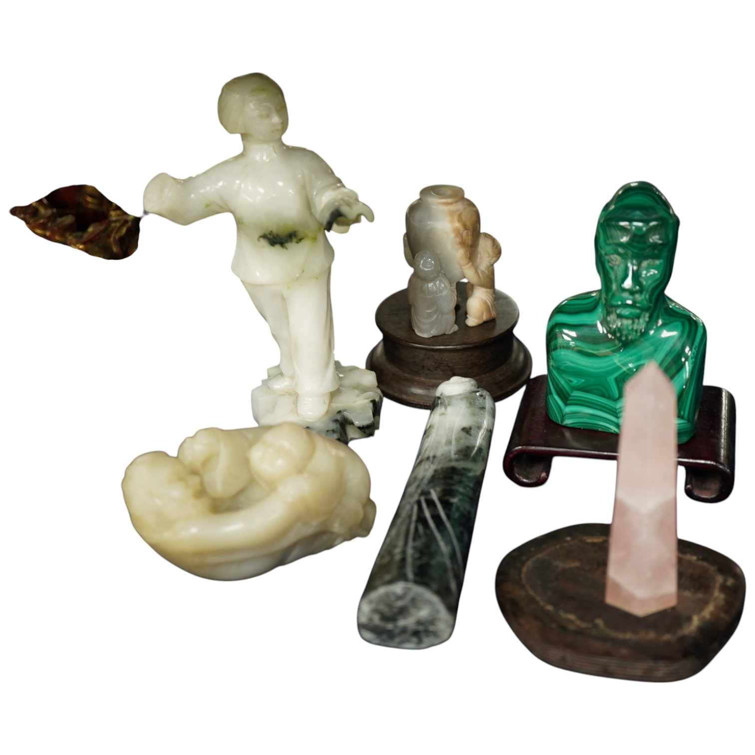 A group of six Chinese hardstone and soapstone carvings, tallest 13cm
